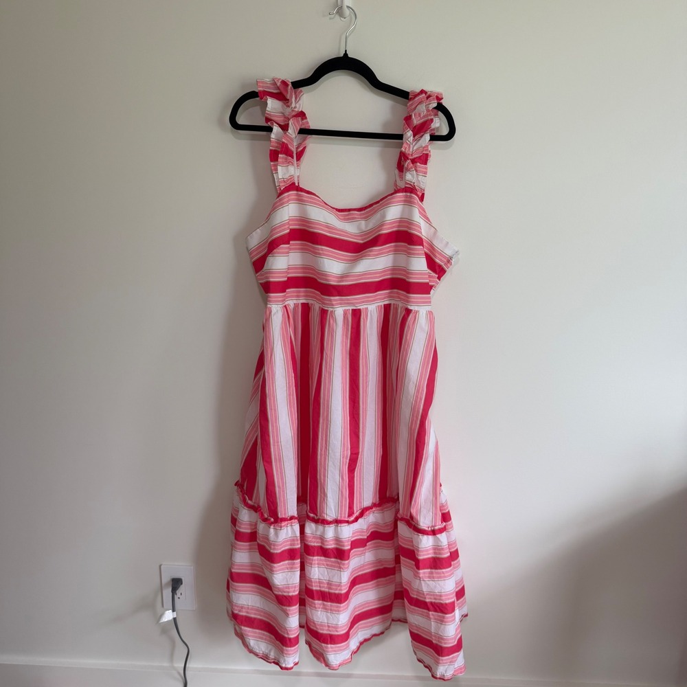 J.Crew Pink Red Striped Ruffle Strap Tiered Cotton Midi Dress Size 20